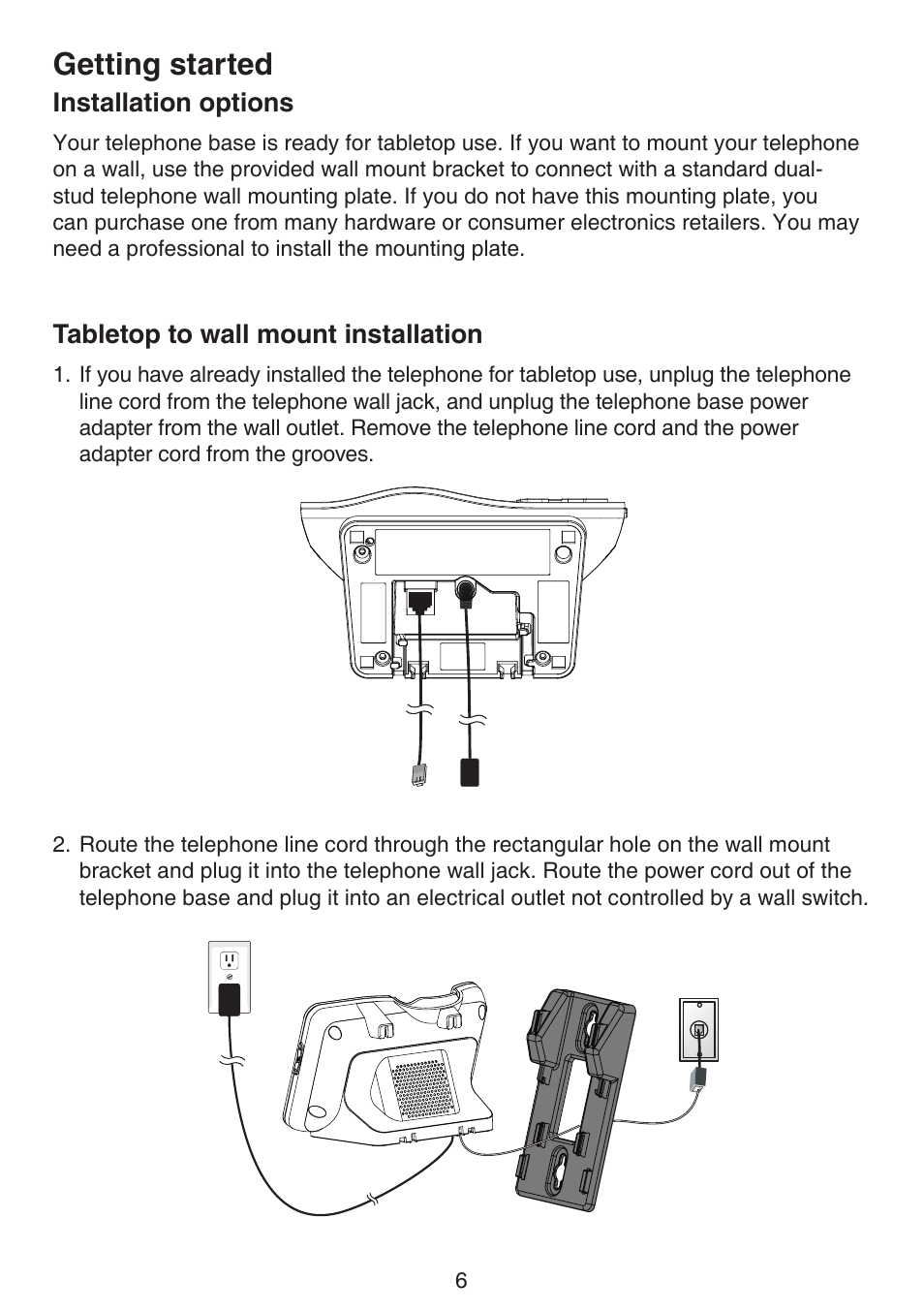 Getting started, Installation options, Tabletop to wall mount installation | VTech DS6522-3-32-4 Manual User Manual | Page 10 / 93