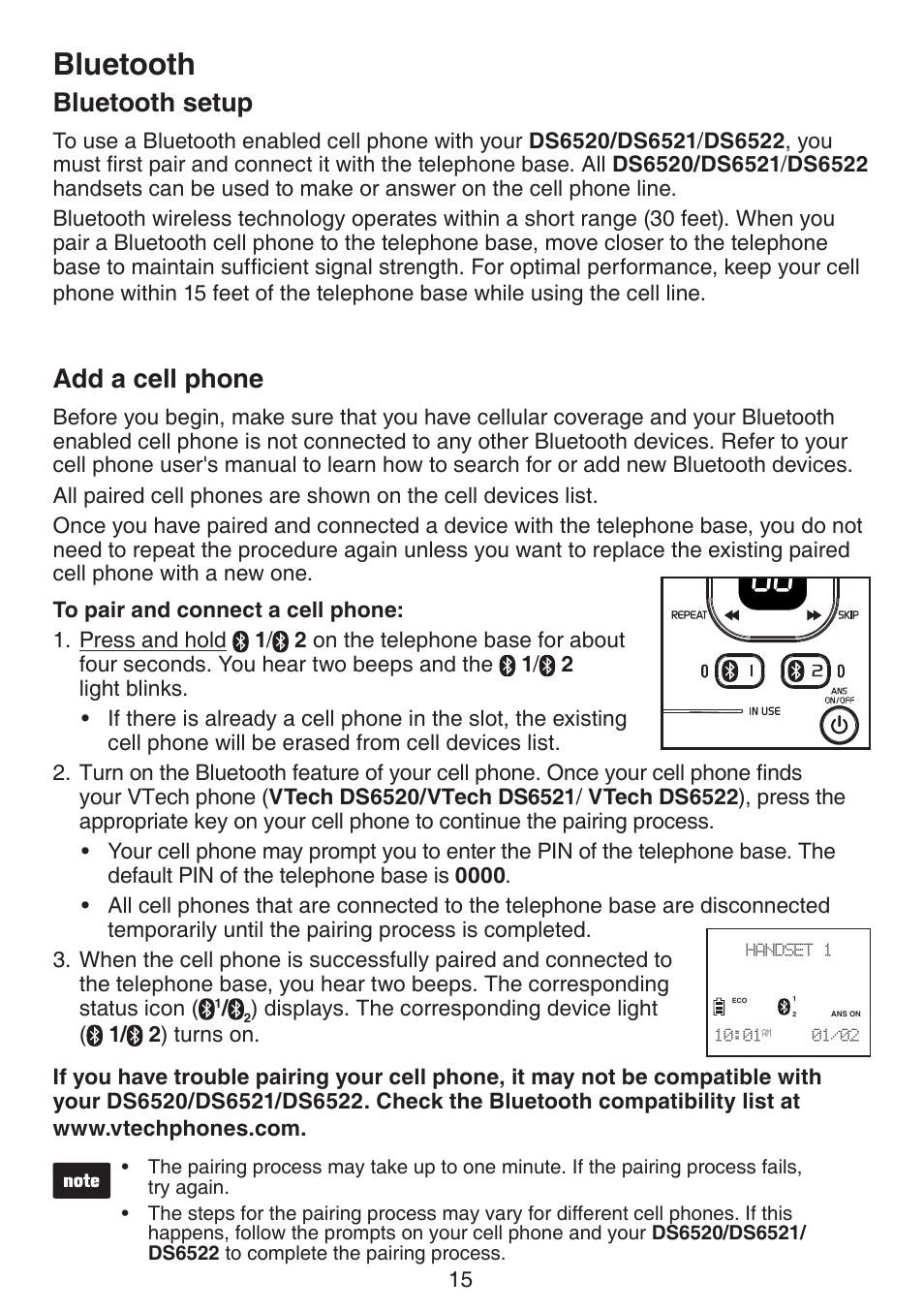 Bluetooth setup add a cell phone, Bluetooth, Bluetooth setup | Add a cell phone | VTech DS6522-3-32-4 Manual User Manual | Page 19 / 93