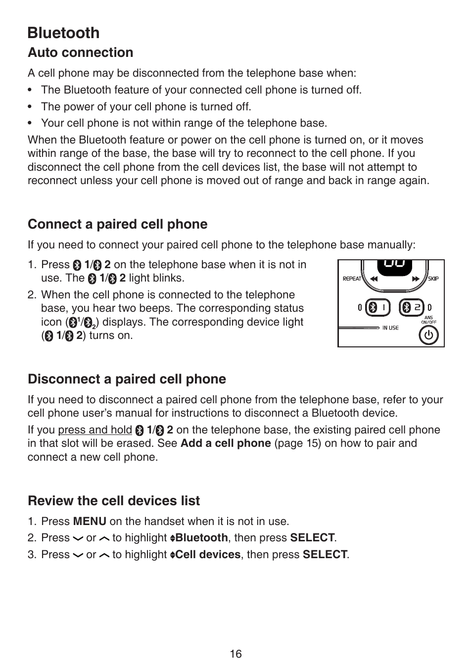 Bluetooth, Auto connection, Connect a paired cell phone | Disconnect a paired cell phone, Review the cell devices list | VTech DS6522-3-32-4 Manual User Manual | Page 20 / 93