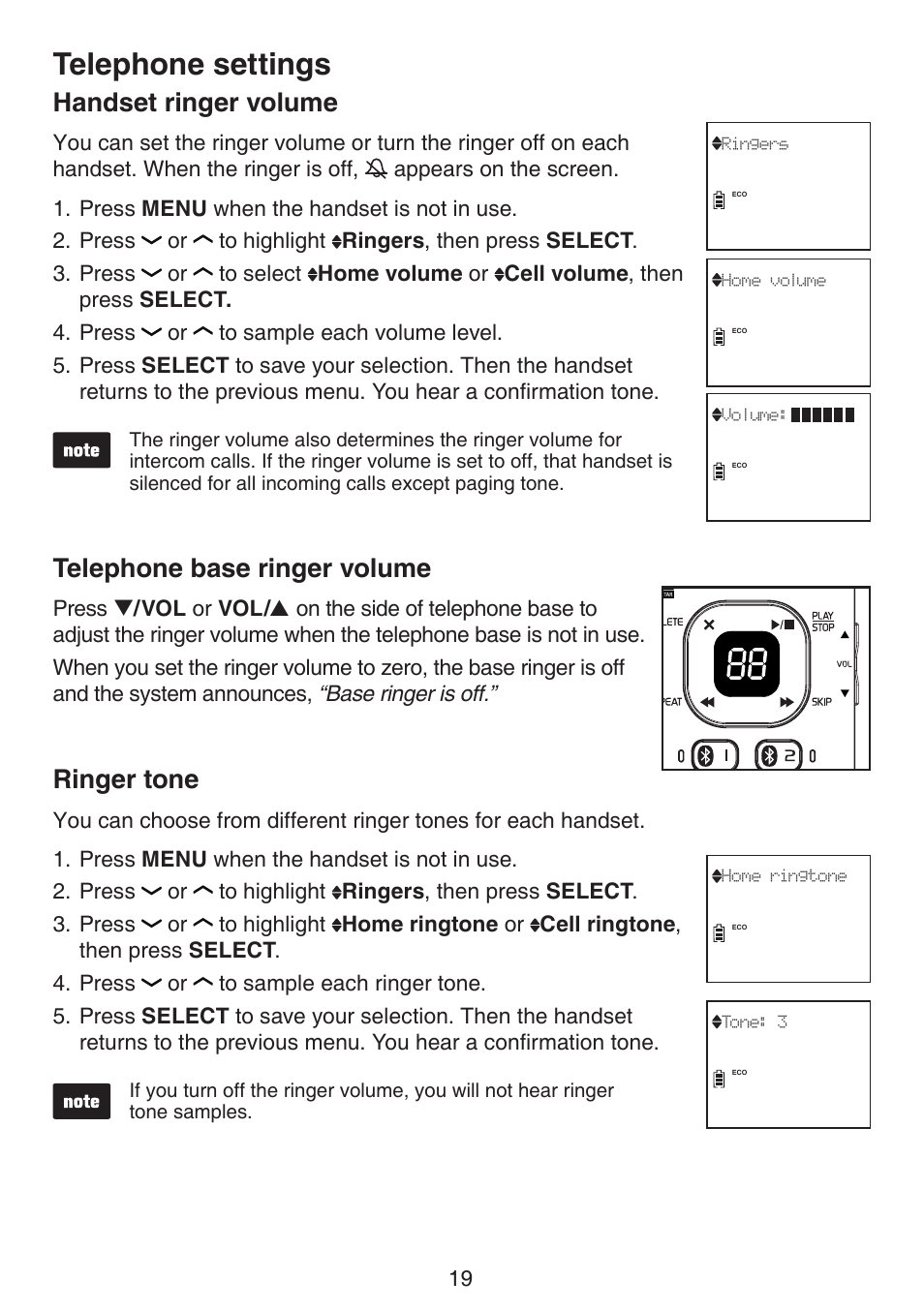 Telephone settings, Handset ringer volume, Telephone base ringer volume | Ringer tone | VTech DS6522-3-32-4 Manual User Manual | Page 23 / 93