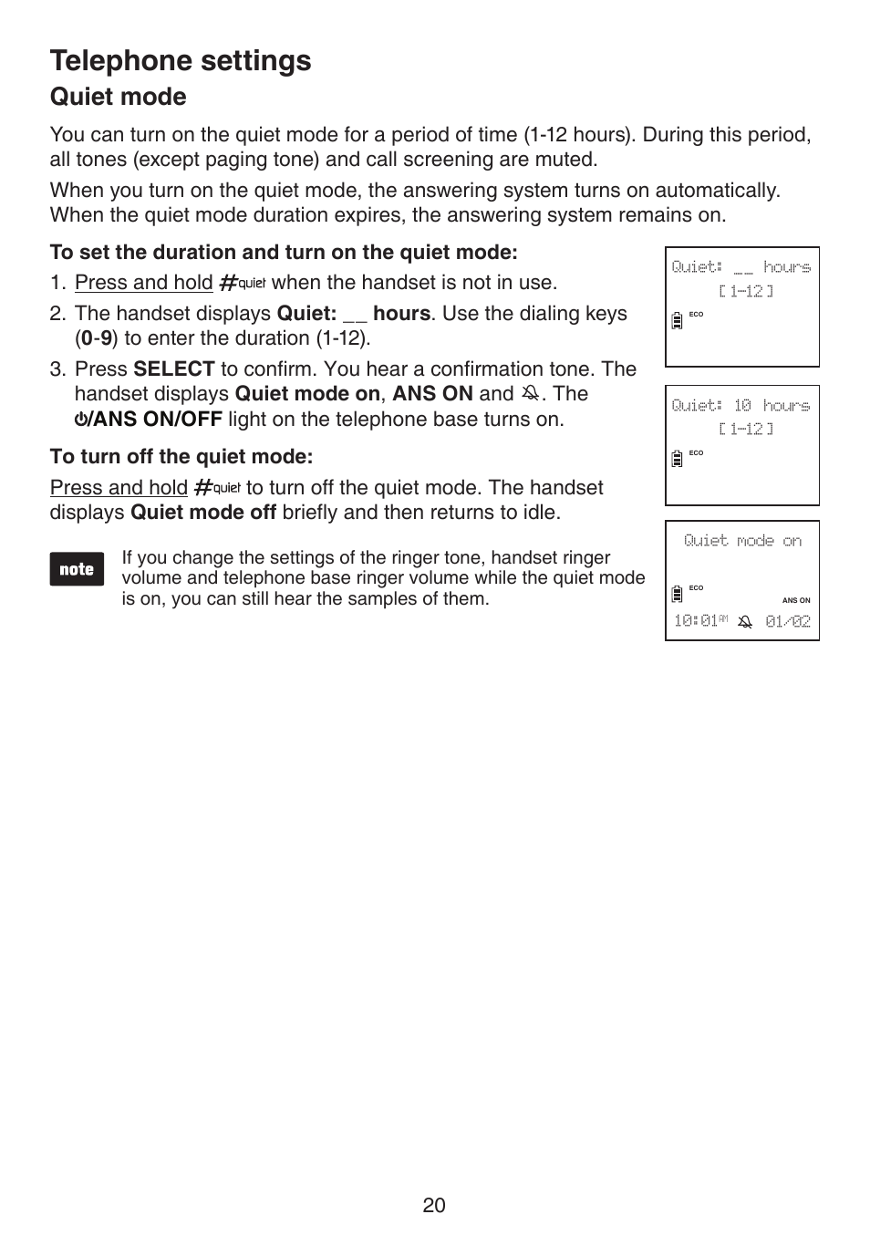 Quiet mode, Telephone settings | VTech DS6522-3-32-4 Manual User Manual | Page 24 / 93