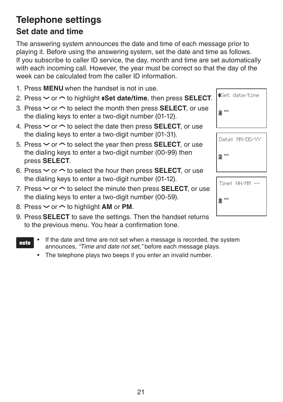 Set date and time, Telephone settings | VTech DS6522-3-32-4 Manual User Manual | Page 25 / 93