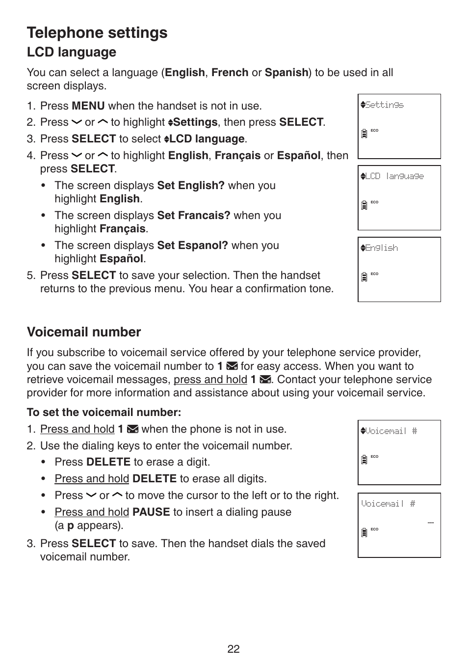 Lcd language voicemail number, Telephone settings, Lcd language | Voicemail number | VTech DS6522-3-32-4 Manual User Manual | Page 26 / 93