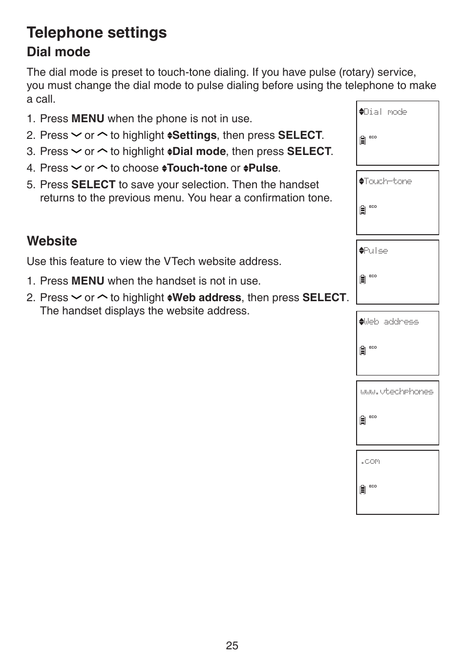 Dial mode website, Telephone settings, Dial mode | Website | VTech DS6522-3-32-4 Manual User Manual | Page 29 / 93