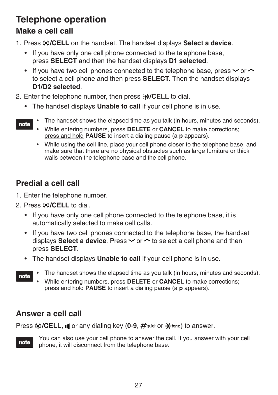 Telephone operation, Make a cell call, Predial a cell call | Answer a cell call | VTech DS6522-3-32-4 Manual User Manual | Page 31 / 93