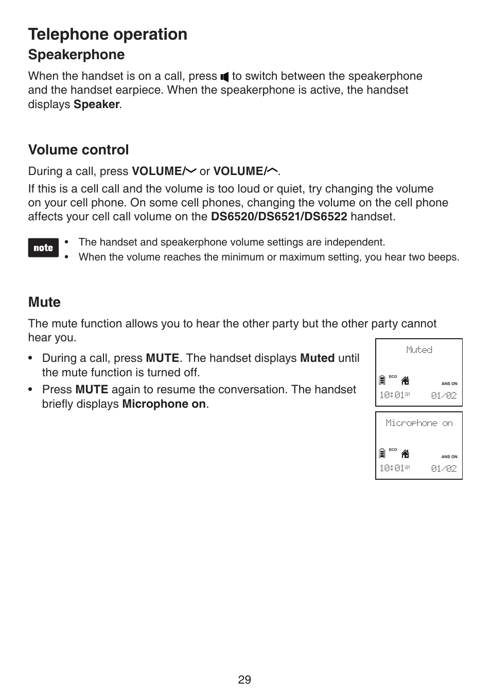 Speakerphone volume control mute, Telephone operation, Speakerphone | Volume control, Mute | VTech DS6522-3-32-4 Manual User Manual | Page 33 / 93