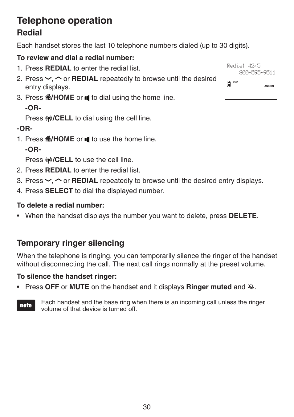 Redial temporary ringer silencing, Telephone operation, Redial | Temporary ringer silencing | VTech DS6522-3-32-4 Manual User Manual | Page 34 / 93