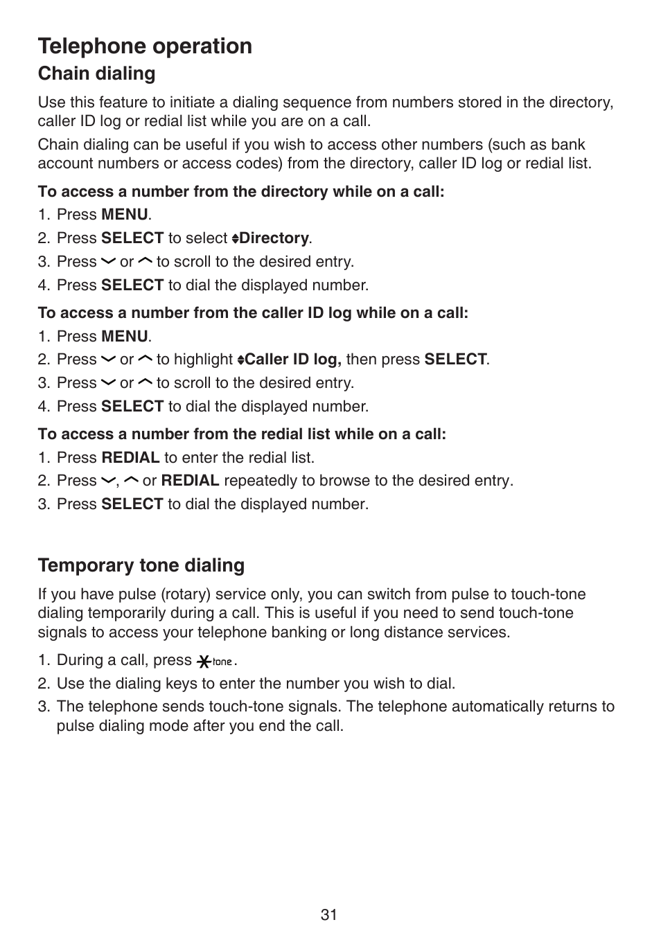 Chain dialing temporary tone dialing, Telephone operation, Chain dialing | Temporary tone dialing | VTech DS6522-3-32-4 Manual User Manual | Page 35 / 93