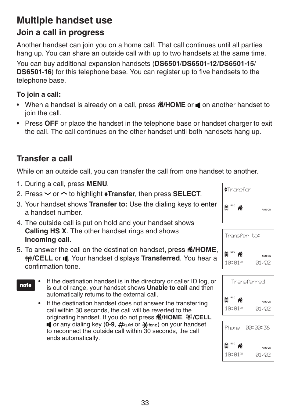 Multiple handset use, Join a call in progress transfer a call, Join a call in progress | Transfer a call | VTech DS6522-3-32-4 Manual User Manual | Page 37 / 93