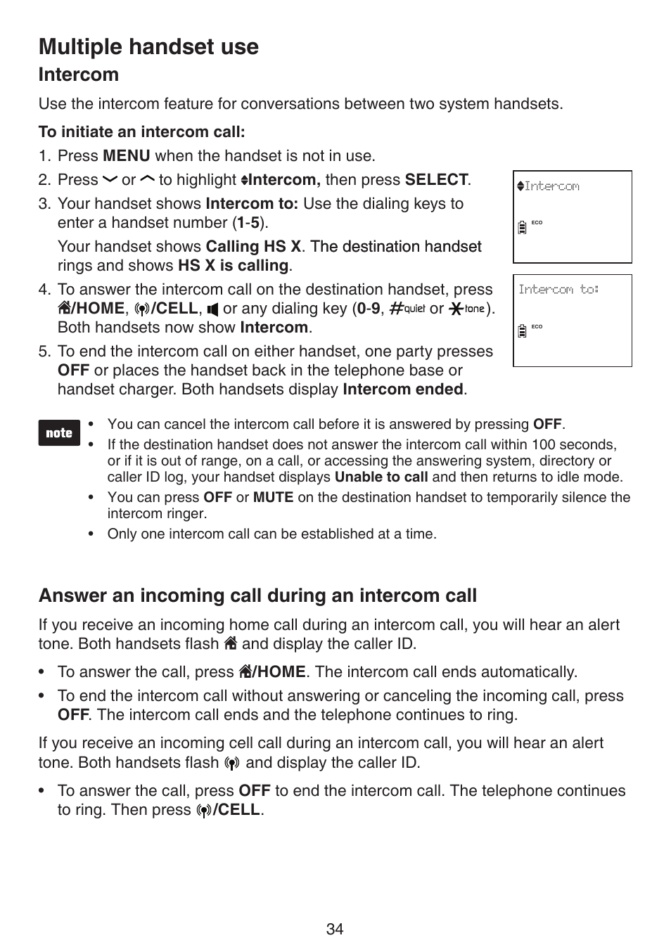 Intercom answer an incoming call during an, Intercom call, Multiple handset use | Intercom, Answer an incoming call during an intercom call | VTech DS6522-3-32-4 Manual User Manual | Page 38 / 93