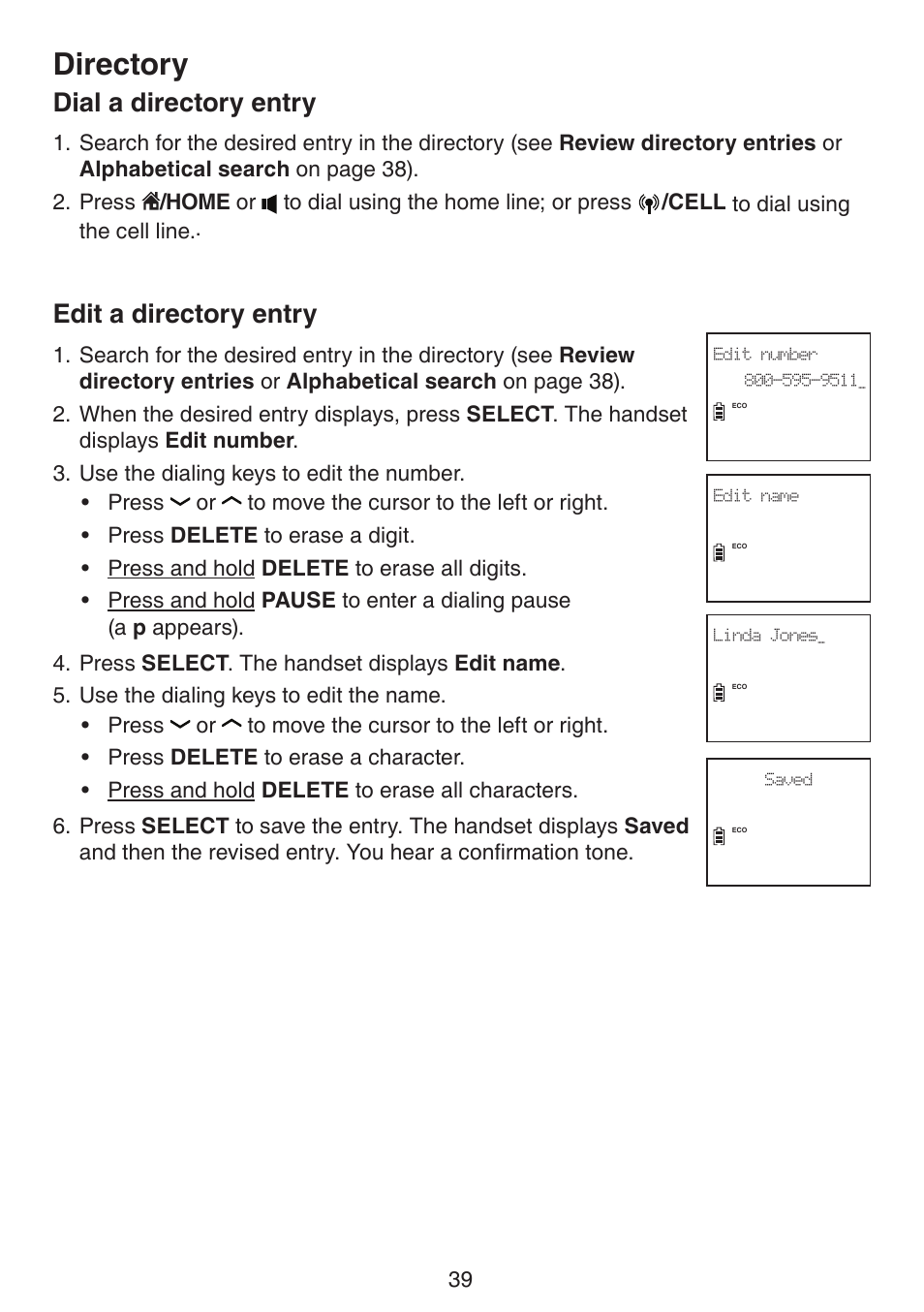 Dial a directory entry edit a directory entry, Directory, Dial a directory entry | Edit a directory entry | VTech DS6522-3-32-4 Manual User Manual | Page 43 / 93