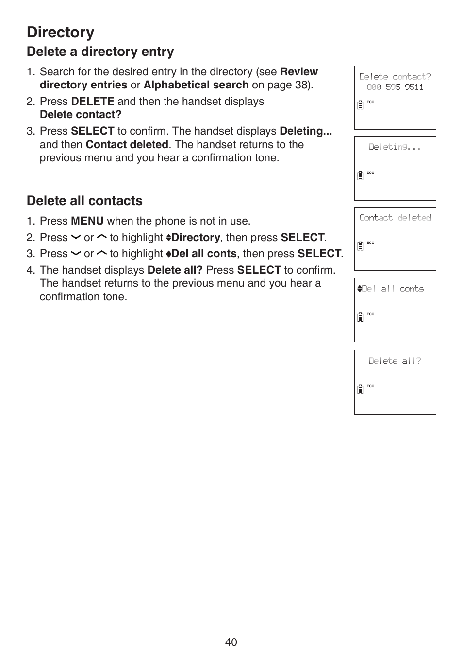 Delete a directory entry delete all contacts, Directory, Delete a directory entry | Delete all contacts | VTech DS6522-3-32-4 Manual User Manual | Page 44 / 93