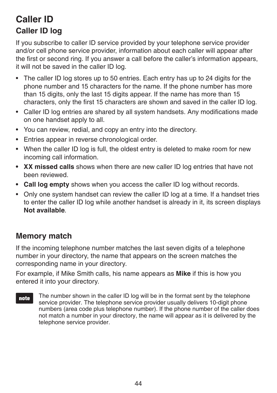 Caller id log memory match, Caller id, Caller id log | VTech DS6522-3-32-4 Manual User Manual | Page 48 / 93