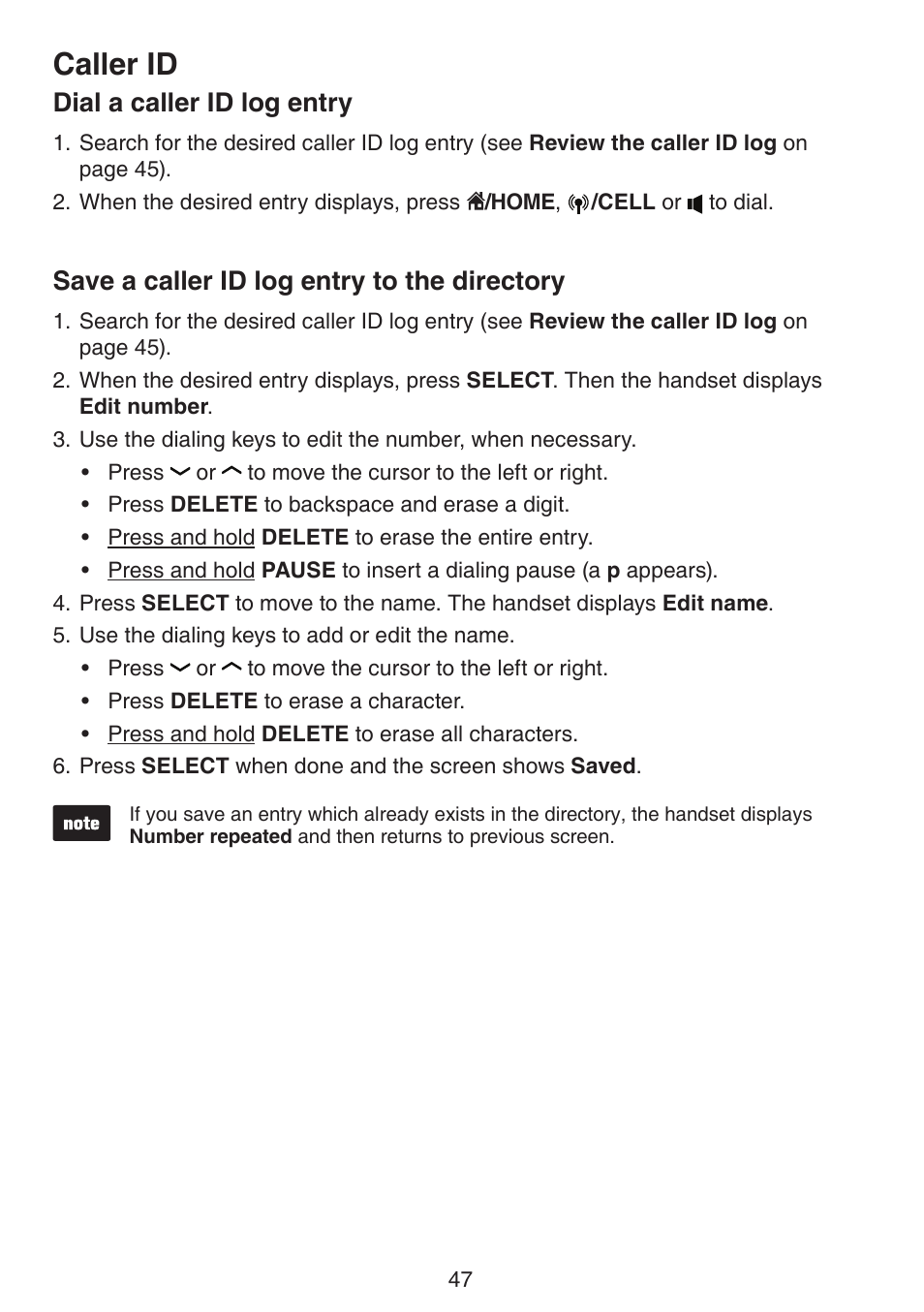 Directory, Caller id, Dial a caller id log entry | Save a caller id log entry to the directory | VTech DS6522-3-32-4 Manual User Manual | Page 51 / 93