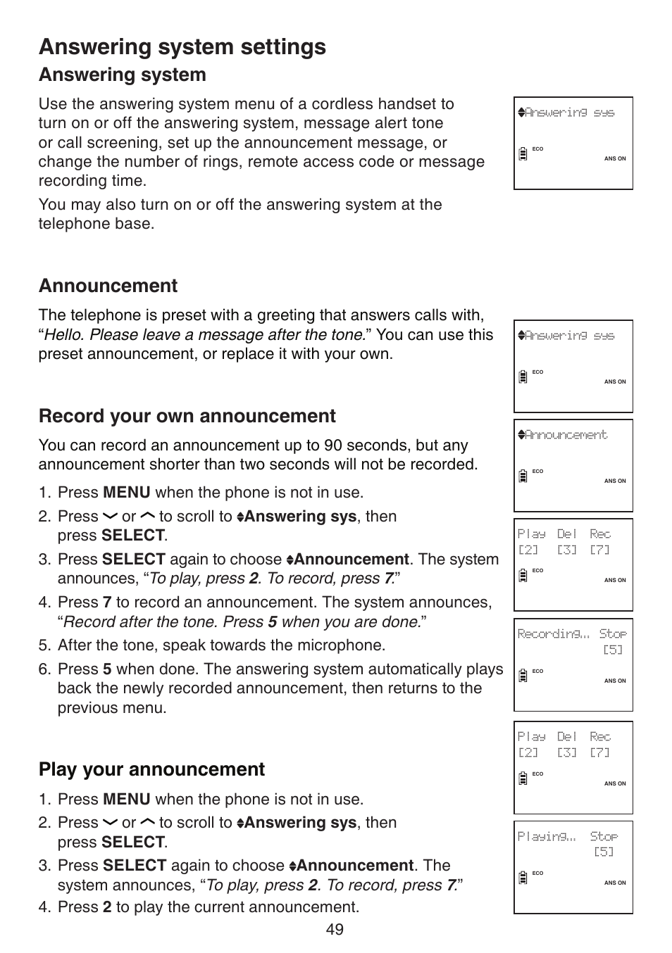 Answering system settings, Answering system, Announcement | Record your own announcement, Play your announcement | VTech DS6522-3-32-4 Manual User Manual | Page 53 / 93