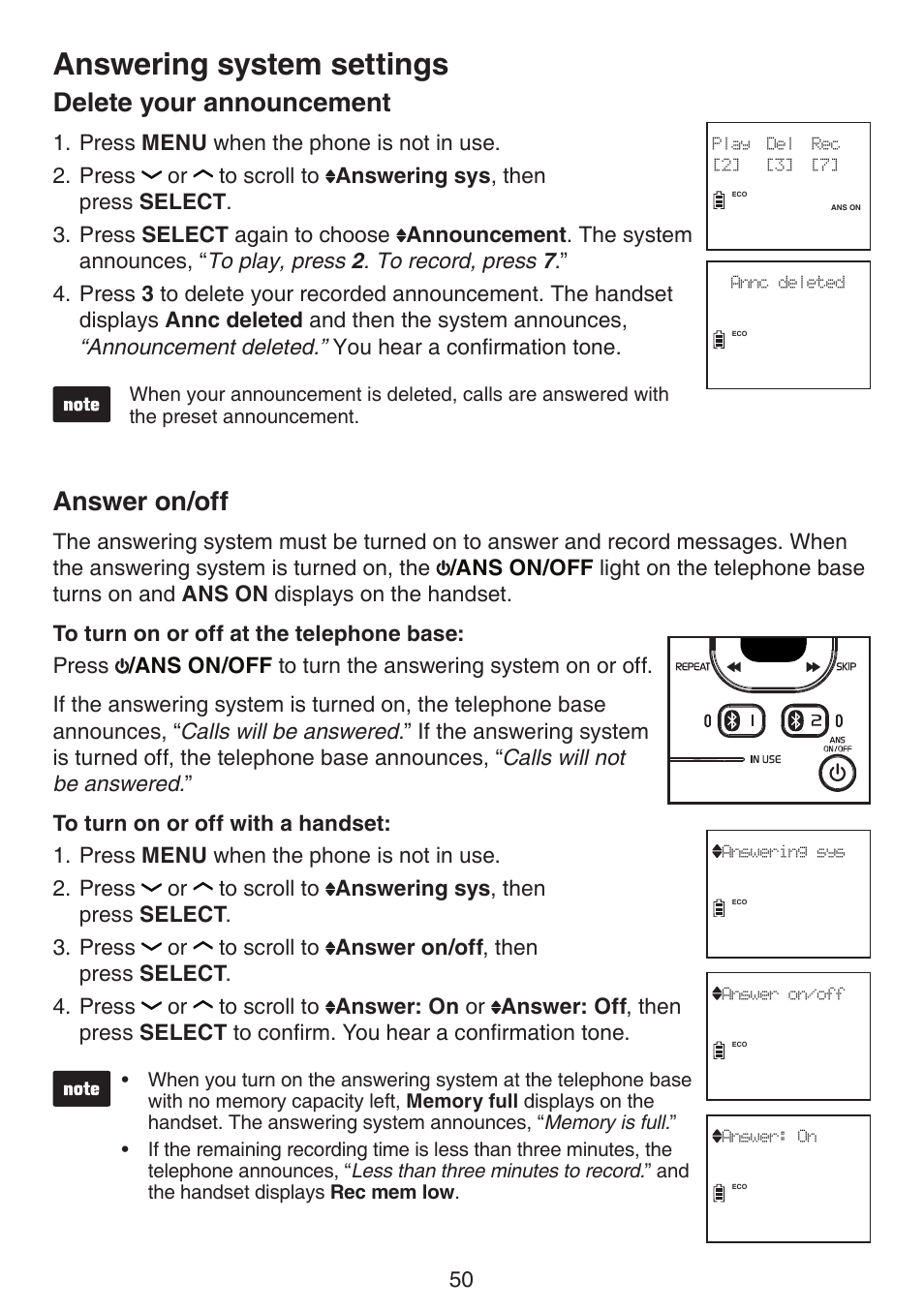 Delete your announcement answer on/off, Answering system settings, Delete your announcement | Answer on/off | VTech DS6522-3-32-4 Manual User Manual | Page 54 / 93