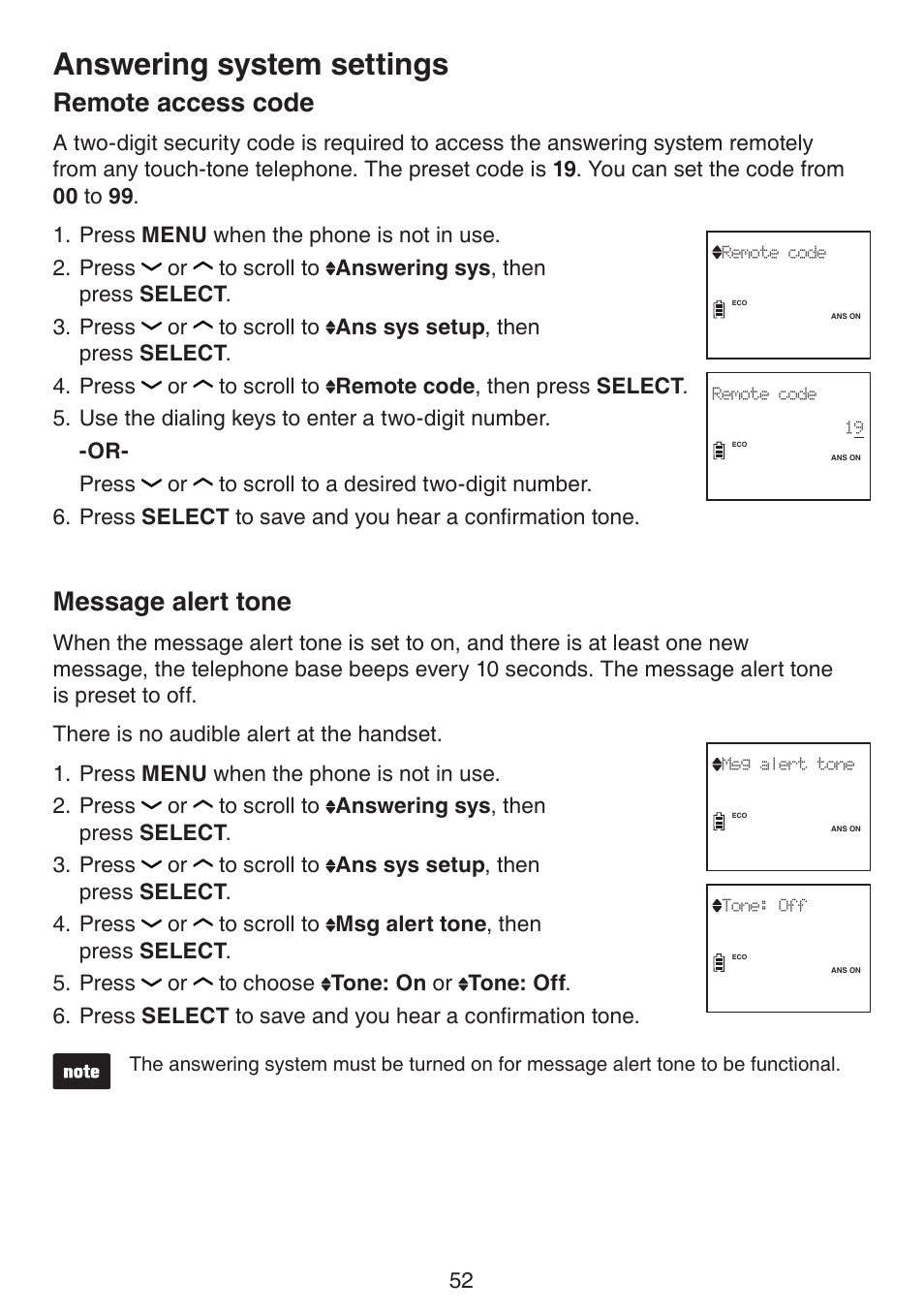 Remote access code message alert tone, Answering system settings, Remote access code | Message alert tone | VTech DS6522-3-32-4 Manual User Manual | Page 56 / 93