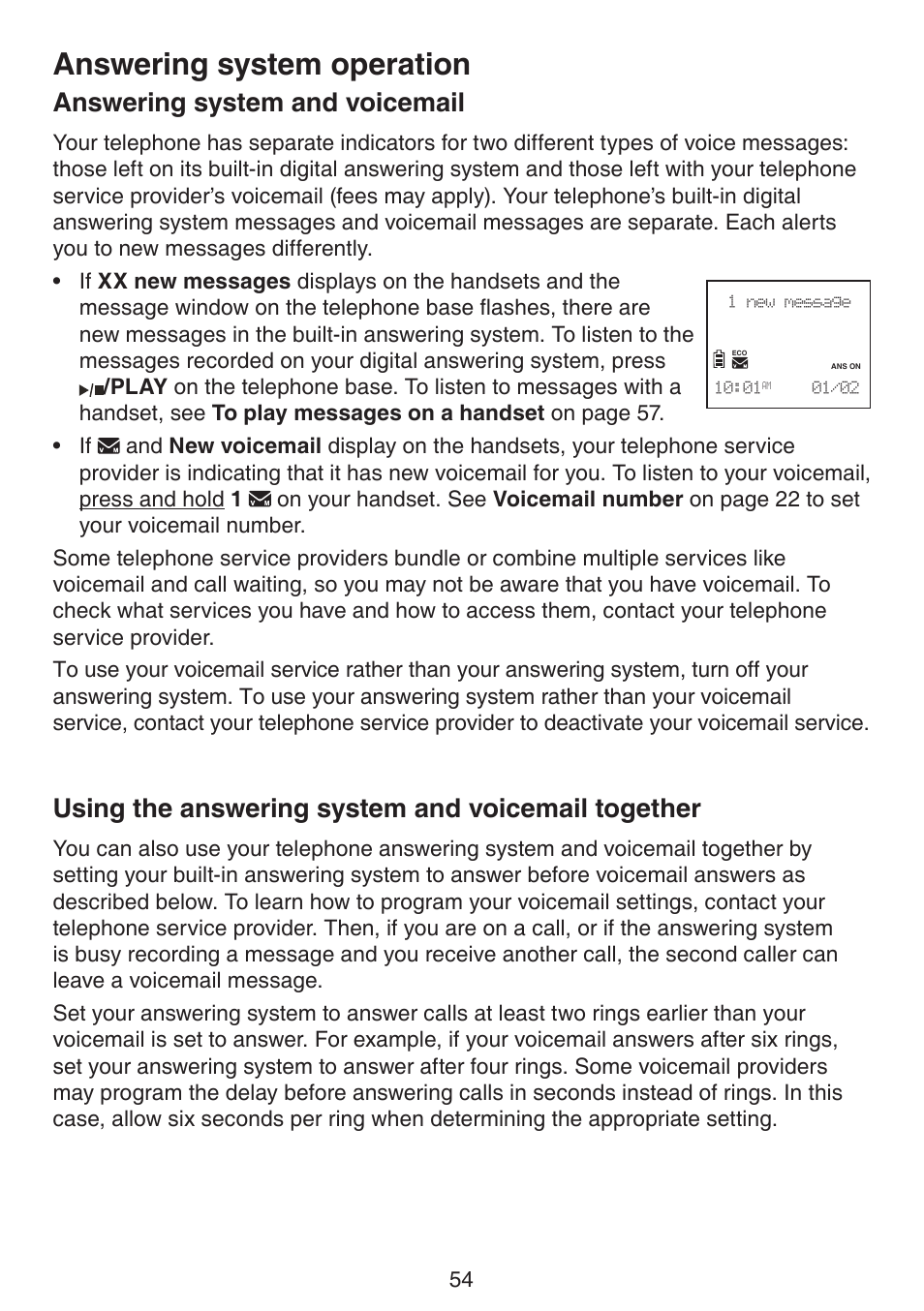 Answering system operation, Voicemail together, Answering system and voicemail | Using the answering system and voicemail together | VTech DS6522-3-32-4 Manual User Manual | Page 58 / 93