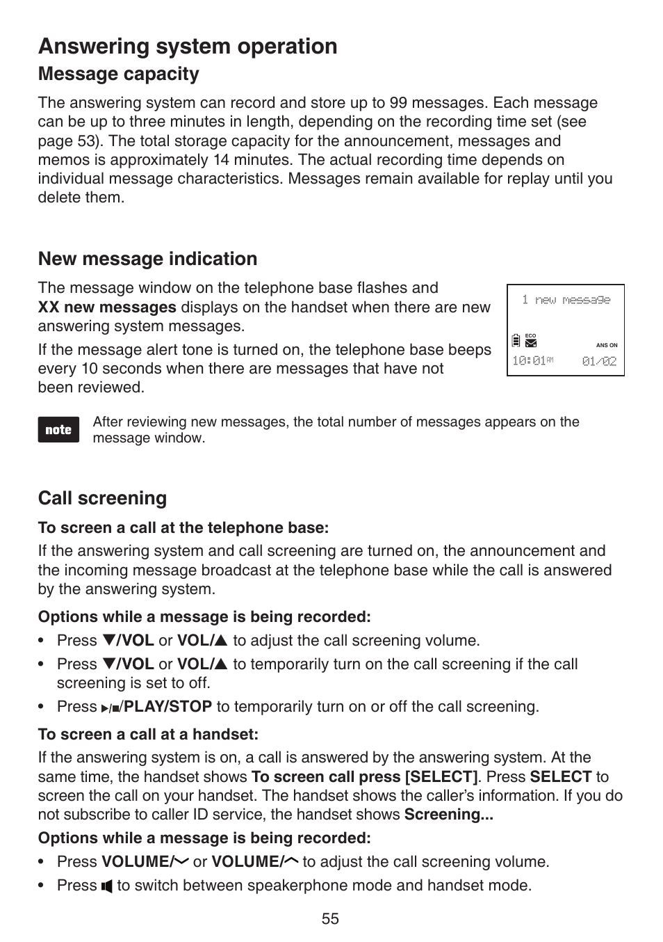 Answering system operation, Message capacity, New message indication | Call screening | VTech DS6522-3-32-4 Manual User Manual | Page 59 / 93