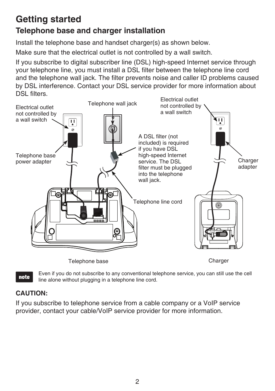 Telephone base and charger, Installation, Getting started | Telephone base and charger installation | VTech DS6522-3-32-4 Manual User Manual | Page 6 / 93