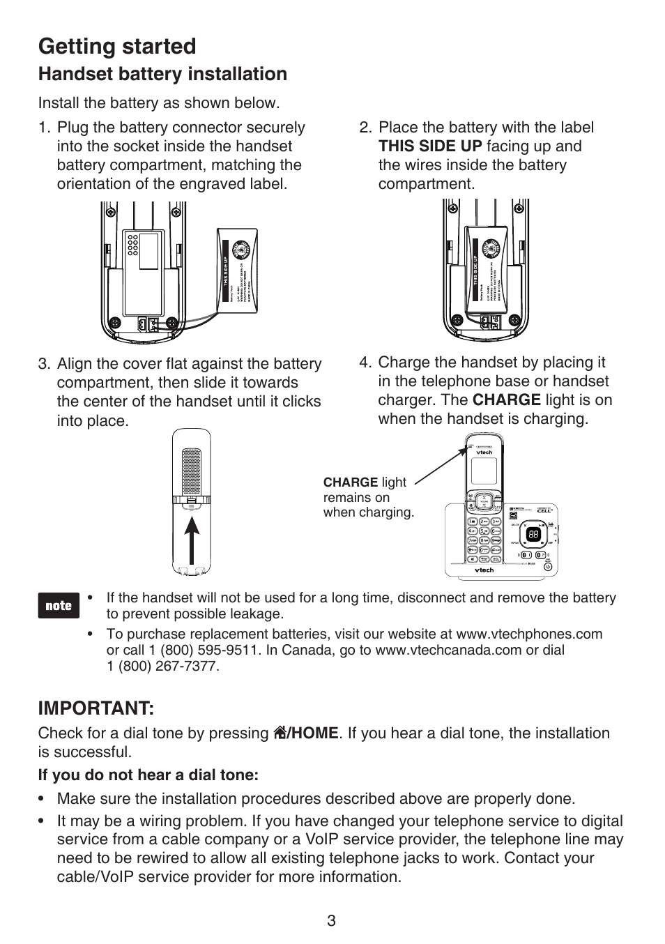 Handset battery installation, Getting started, Important | VTech DS6522-3-32-4 Manual User Manual | Page 7 / 93