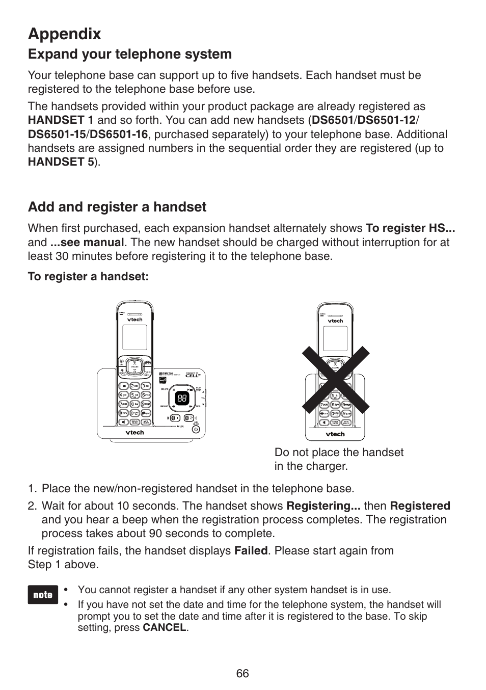 Appendix, Expand your telephone system, Add and register a handset | VTech DS6522-3-32-4 Manual User Manual | Page 70 / 93