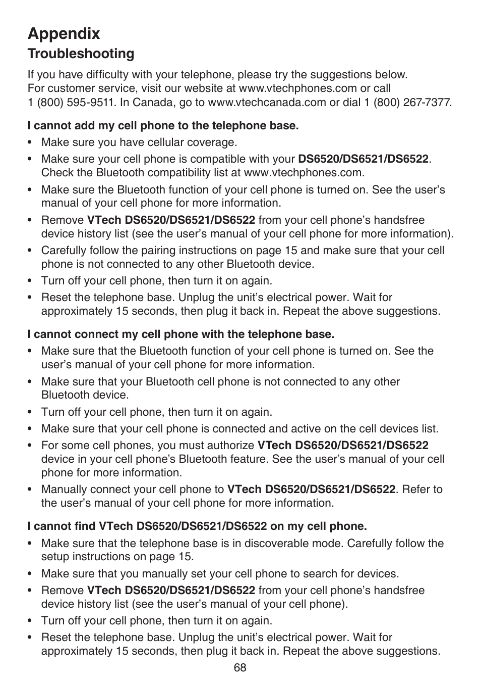 Troubleshooting, Appendix | VTech DS6522-3-32-4 Manual User Manual | Page 72 / 93