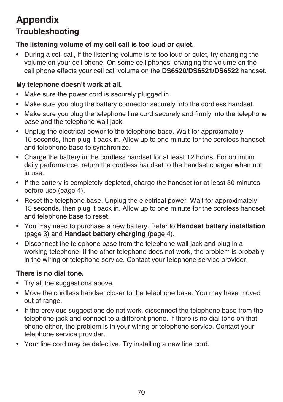 Appendix, Troubleshooting | VTech DS6522-3-32-4 Manual User Manual | Page 74 / 93