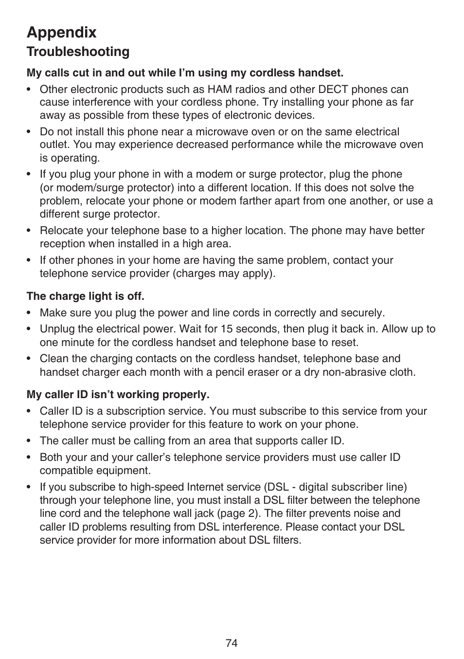 Appendix, Troubleshooting | VTech DS6522-3-32-4 Manual User Manual | Page 78 / 93