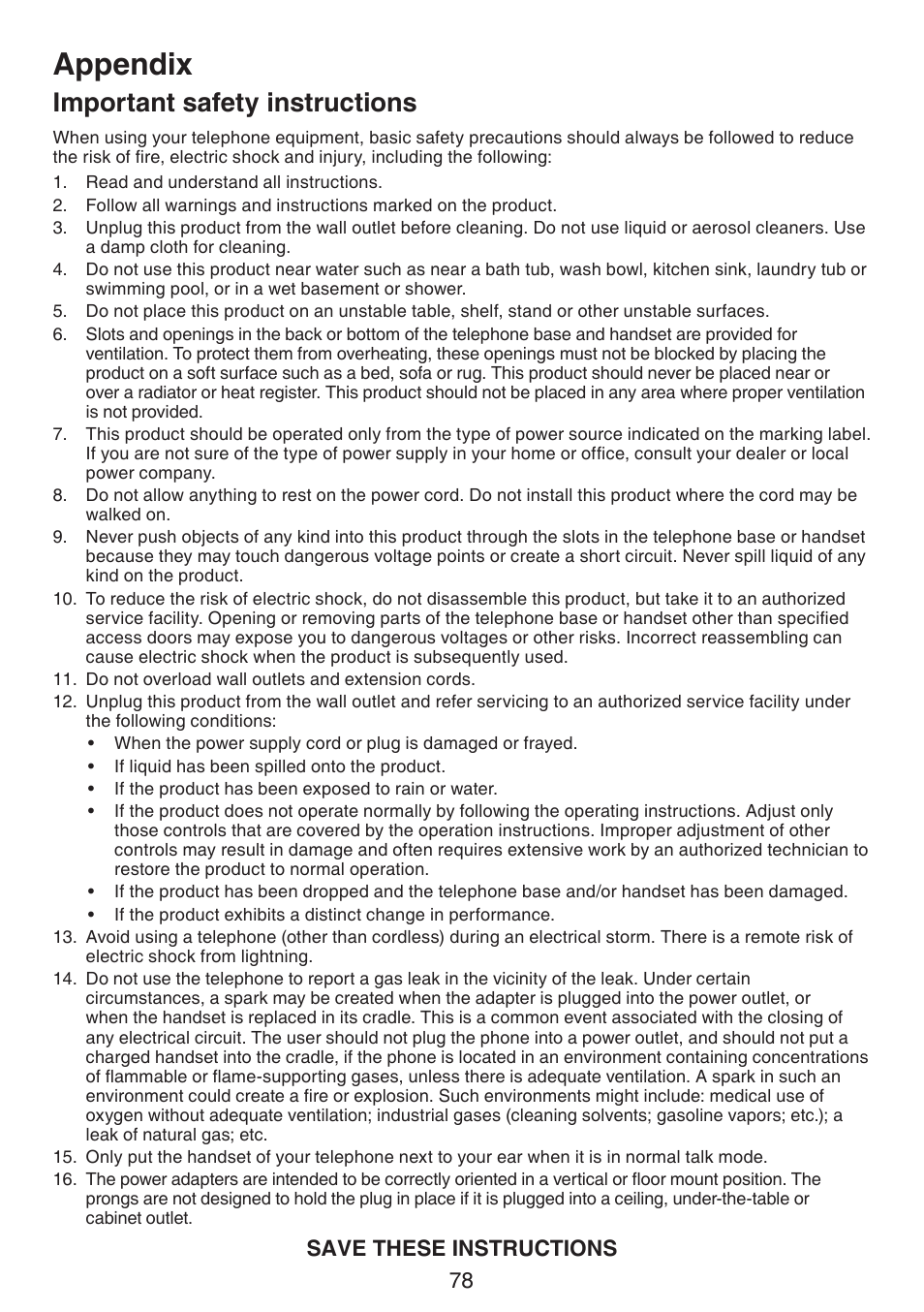 Important safety instructions, Appendix | VTech DS6522-3-32-4 Manual User Manual | Page 82 / 93