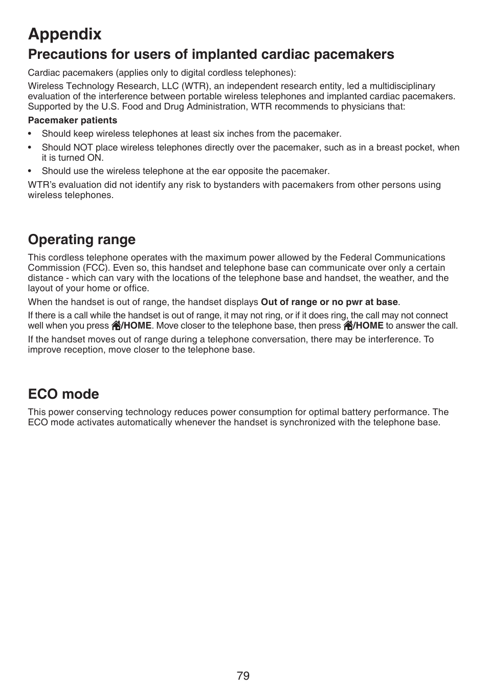 Precautions for users of implanted, Cardiac pacemakers, Operating range eco mode | Appendix, Operating range, Eco mode | VTech DS6522-3-32-4 Manual User Manual | Page 83 / 93