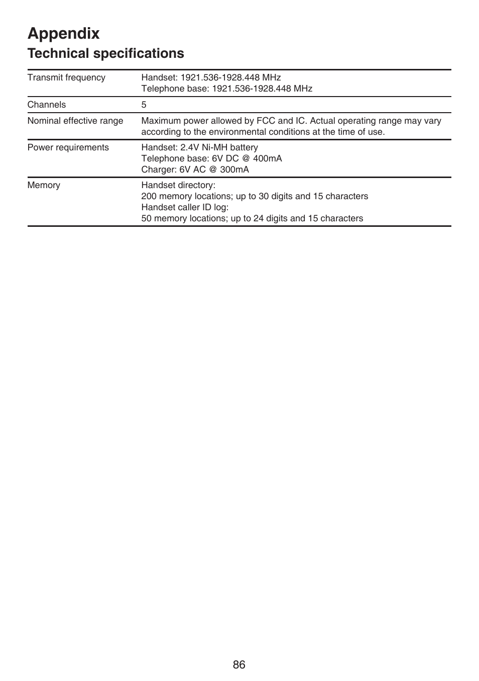 Technical specifications, Appendix | VTech DS6522-3-32-4 Manual User Manual | Page 90 / 93