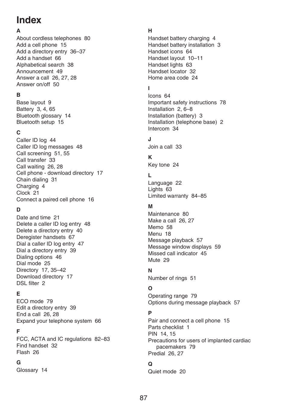 Index | VTech DS6522-3-32-4 Manual User Manual | Page 91 / 93