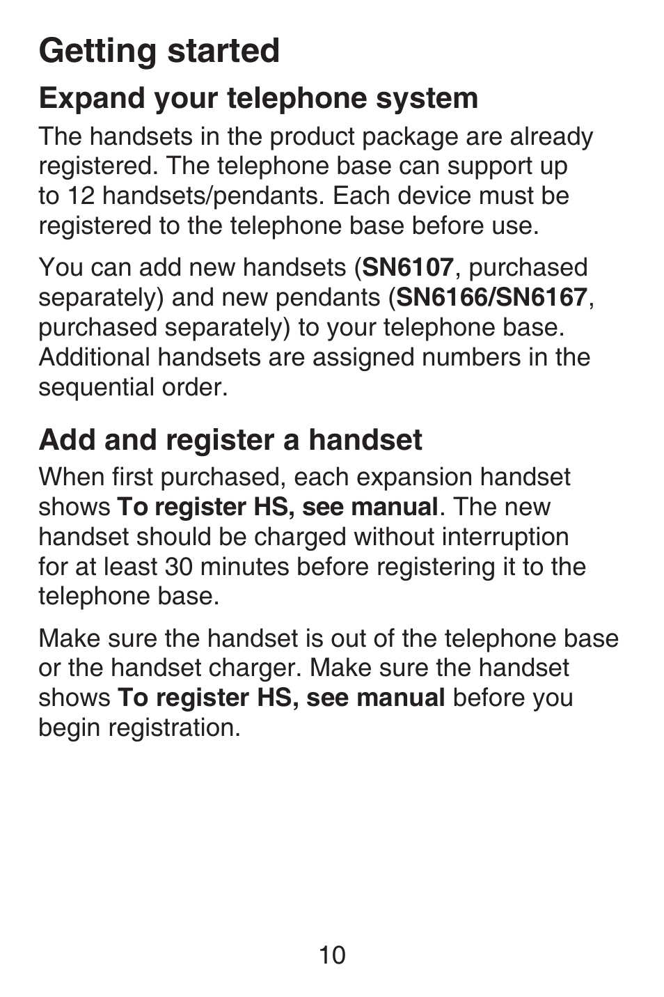 Expand your telephone system, Add and register a handset, Expand your telephone | System, Add and register a, Handset, Getting started | VTech SN6127_-2 Abridged manual User Manual | Page 16 / 101