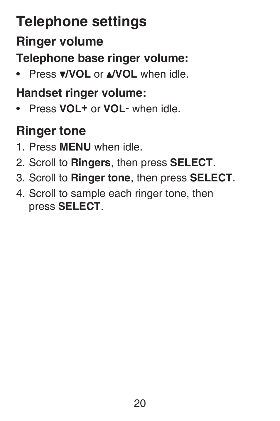 Ringer volume, Ringer tone, Telephone settings | VTech SN6127_-2 Abridged manual User Manual | Page 26 / 101