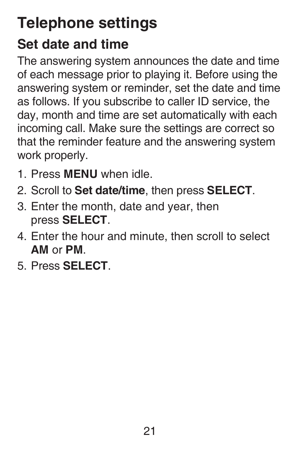 Set date and time, Telephone settings | VTech SN6127_-2 Abridged manual User Manual | Page 27 / 101