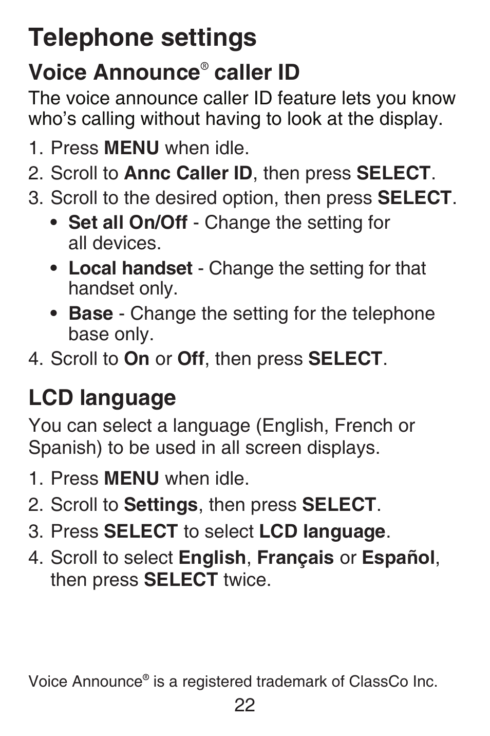 Voice announce￼ caller id, Lcd language, Voice announce | Caller id, Telephone settings, Voice announce caller id | VTech SN6127_-2 Abridged manual User Manual | Page 28 / 101