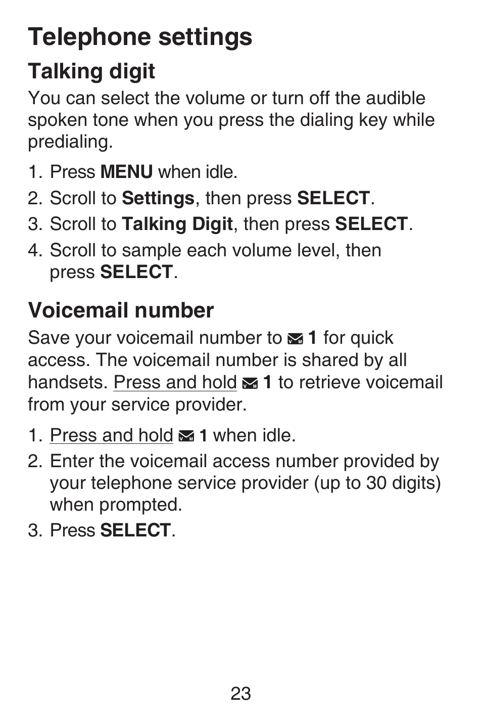 Talking digit, Voicemail number, Telephone settings | VTech SN6127_-2 Abridged manual User Manual | Page 29 / 101