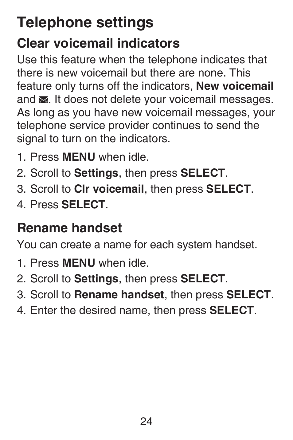 Clear voicemail indicators, Rename handset, Telephone settings | VTech SN6127_-2 Abridged manual User Manual | Page 30 / 101