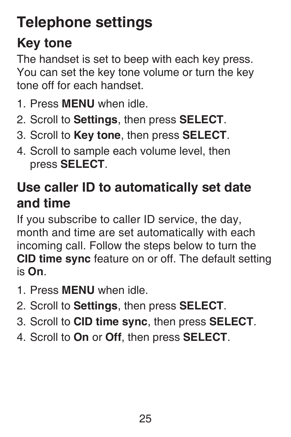 Key tone, Use caller id to automatically set date and time, Use caller id to | Automatically set date, And time, Telephone settings | VTech SN6127_-2 Abridged manual User Manual | Page 31 / 101