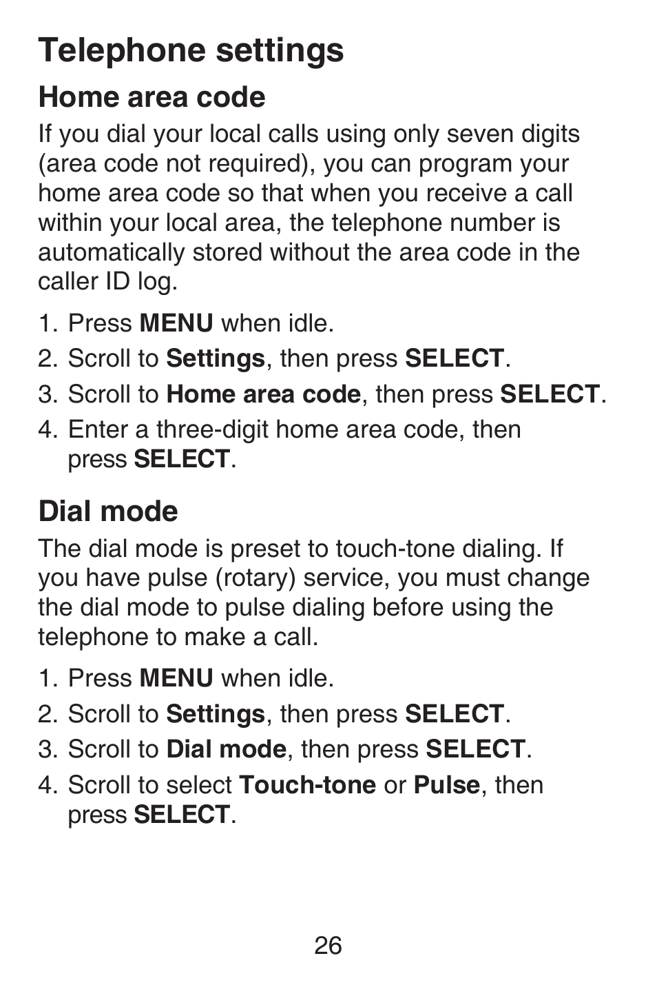 Home area code, Dial mode, Telephone settings | VTech SN6127_-2 Abridged manual User Manual | Page 32 / 101