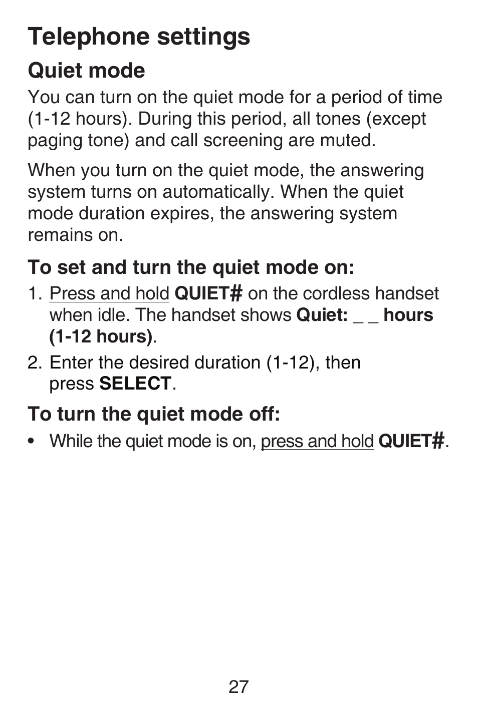 Quiet mode, Telephone settings | VTech SN6127_-2 Abridged manual User Manual | Page 33 / 101