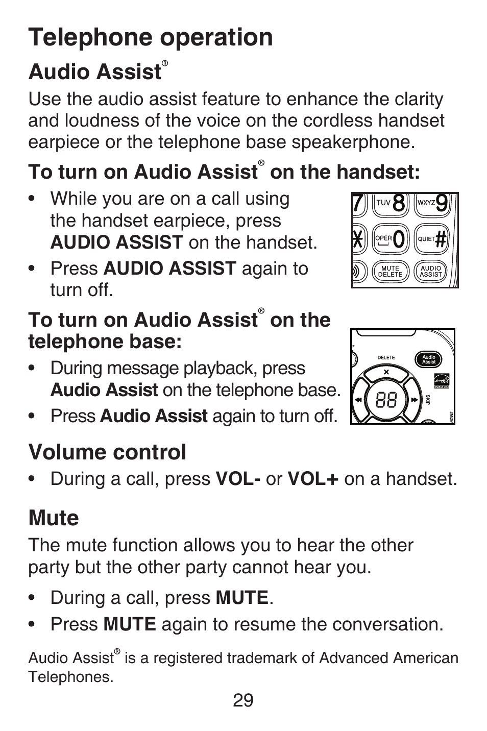 Flash, Mute, Temporary tone dialing | Audio assist, Volume control, Telephone operation | VTech SN6127_-2 Abridged manual User Manual | Page 35 / 101