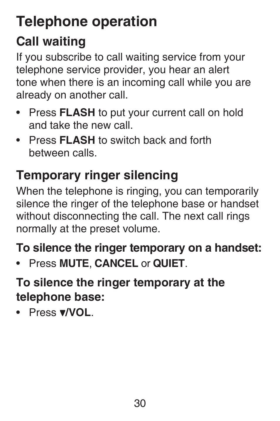Memory overview, Storing a number in a one-touch location, Call waiting | Temporary ringer silencing, Temporary ringer, Silencing, Telephone operation | VTech SN6127_-2 Abridged manual User Manual | Page 36 / 101