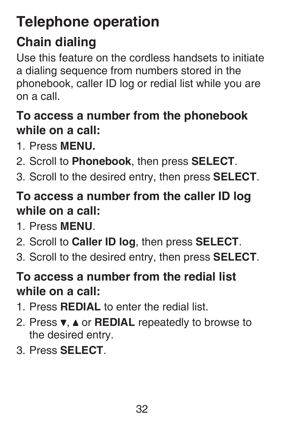 Dialing a number stored in the one-touch location, Storing a number in a two-touch location, Dialing a number stored in the two-touch location | Chain dialing, Telephone operation | VTech SN6127_-2 Abridged manual User Manual | Page 38 / 101