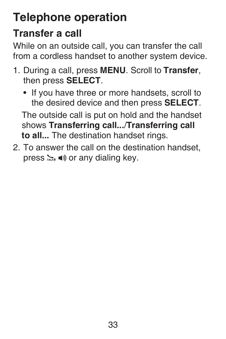 Transfer a call, Telephone operation | VTech SN6127_-2 Abridged manual User Manual | Page 39 / 101