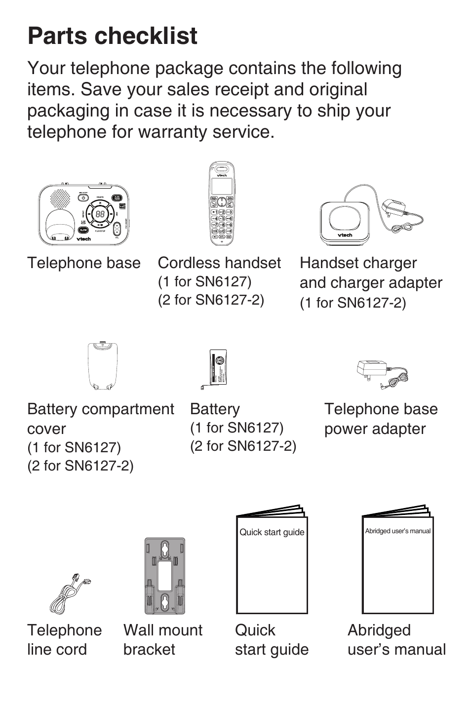 Parts checklist | VTech SN6127_-2 Abridged manual User Manual | Page 4 / 101