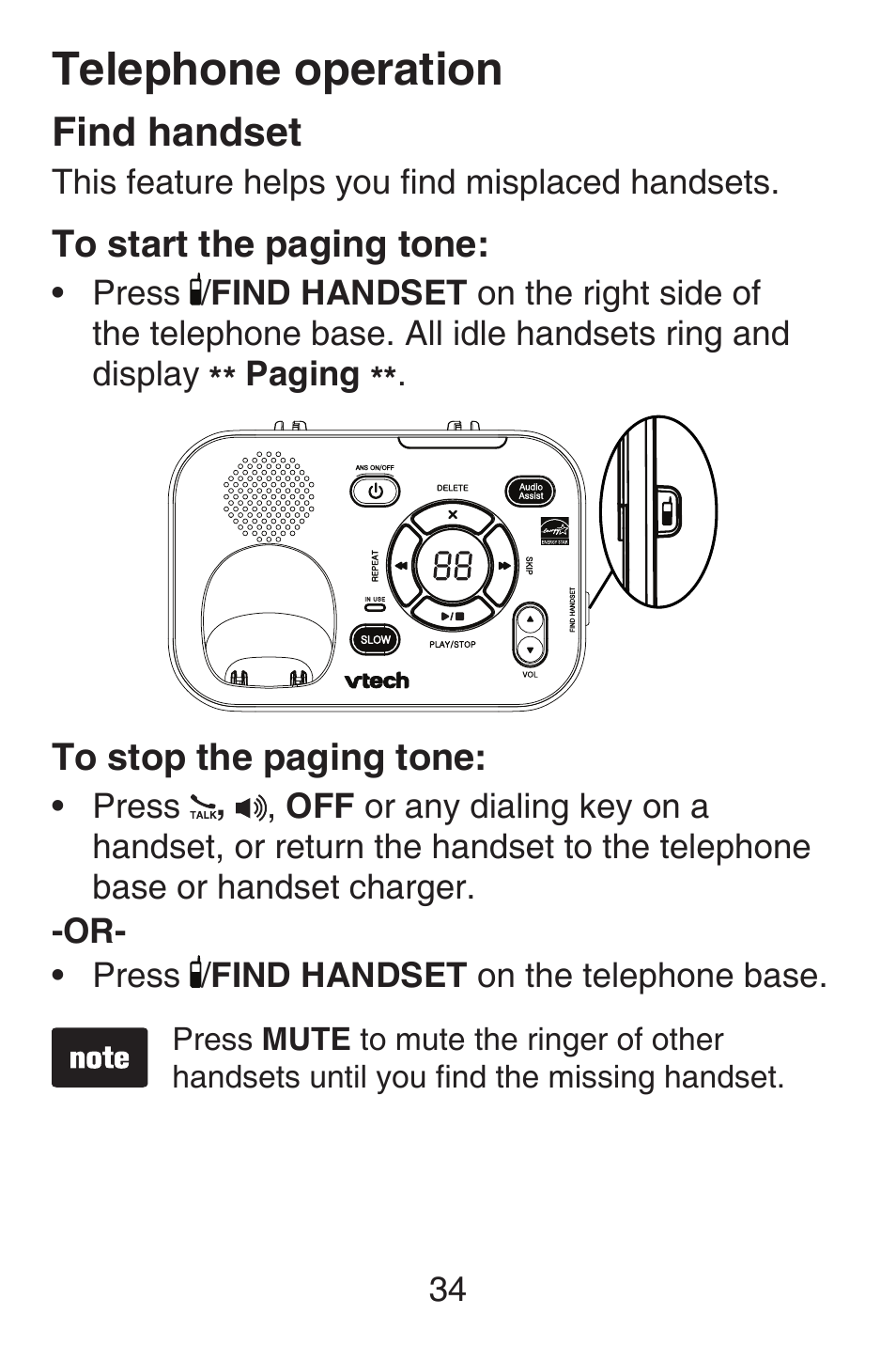 Find handset, Telephone operation | VTech SN6127_-2 Abridged manual User Manual | Page 40 / 101