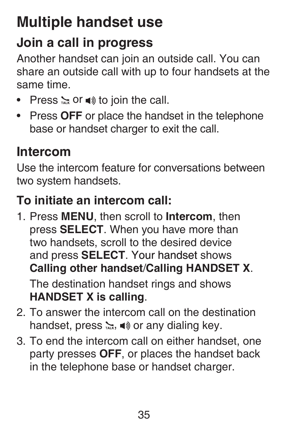 Join a call in progress, Intercom, Multiple handset | Telephone operation multiple handset use | VTech SN6127_-2 Abridged manual User Manual | Page 41 / 101
