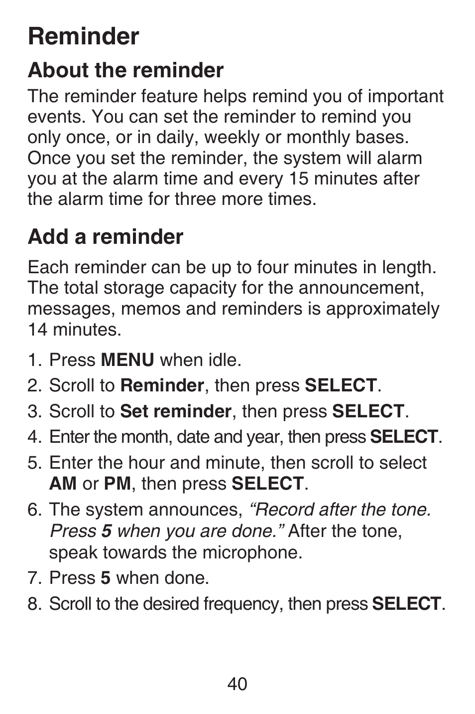 Reminder, About the reminder, Add a reminder | VTech SN6127_-2 Abridged manual User Manual | Page 46 / 101